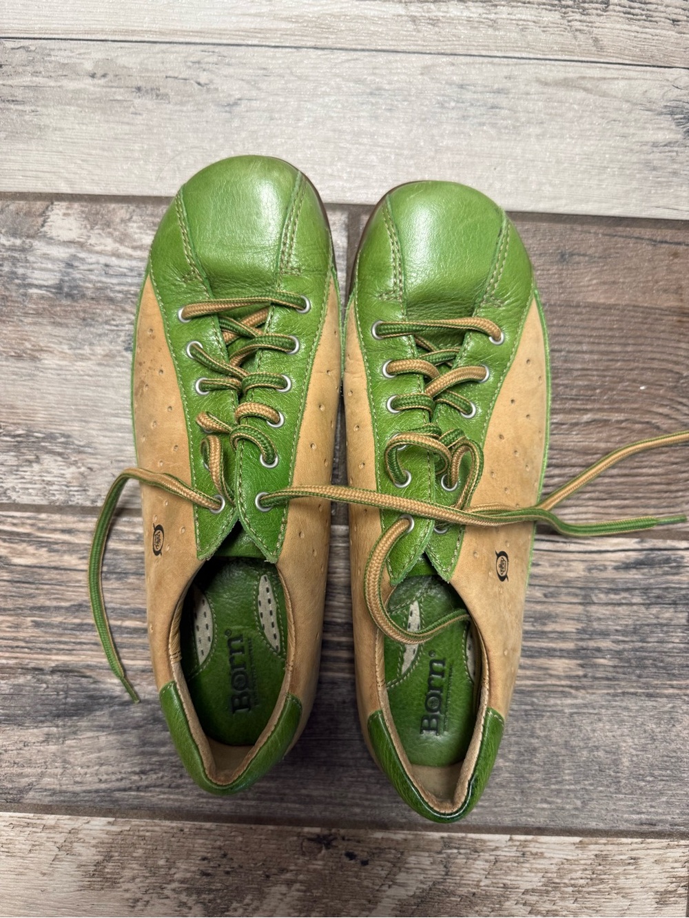 Born Green and Tan Leather Lace-Up Sneakers